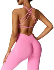 Womens Seamless Workout Sets Cross Back Sports Bra V Back Medium Y-pink