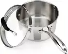 Stainless Steel Saucepan with Glass Lid, Strainer Lid, Two Side Spouts for Easy