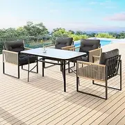 [ALFORDSON] Outdoor Patio Bistro Set 3PCs UV-Resistant Dark Grey, 4X Armchairs & 140x80x70cm Dining Table Steel Frame Conversation Set, Lounge Sofa Chair & Side Coffee Table with Cushions