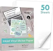 Koala Printable Vinyl Sticker Paper for Inkjet Printer - 50 Sheets Matte White Vinyl Sticker Paper, Waterproof Sticker Paper 8.5x11 Inch, Work with Cutting Machine