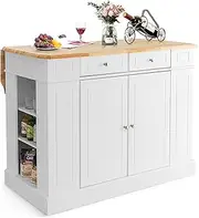 Giantex Kitchen Island with Storage, Kitchen Storage Cabinet Island Table with Drop Leaf Rubber Wood Countertop, Drawers, Side Racks & 2-Door Cabinet, with 3-Level Adjustable Shelves