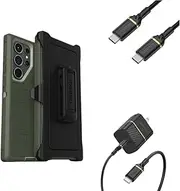 OtterBox Defender Series Screenless Case for Galaxy S23 Ultra (Only), Lichen The Trek (Green) - Microbial Defense Protection USB-C to USB-C Wall Charging Kit, 20W