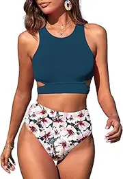 [ZAFUL] Women's Swimsuit High Waisted Bikini Sets Two Piece Swimsuit Scoop Neck Tank Side Cutout Midkini Stitching