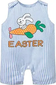[bakjuno] Toddler Baby Boys Girls First Easter Outfits Bunny Pattern Suspender Romper Blue Stripes Pants Easter Clothes Sets