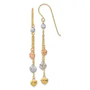 14K Tri-Color D/C Triple Heart Dangle Shepherd Hook Earrings