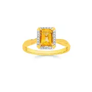 9ct Gold Citrine & Diamond Emerald Cut Ring in Yellow