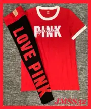 Victoria's Secret Pink Campus SS Tee Shirt + Leggings Set Red Pepper Logo L NWT