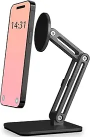 YUEFIELI Magnetic Phone Stand for Desk, Heightened & Adjustable & Foldable Metal Magnetic Phone Holder Stand for Desk/Office/Home, Compatible with Magsafe Case/iPhone 15/14/13/12 Series (Black)
