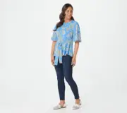 Susan Graver Womens 3X Printed Top Blue Tie Front Flutter Sleeve Stretch NWT