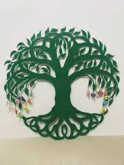 Metallic Green Life Tree Wall Hanging - Colorful Evil Eye Beads 70cm Metal Decor