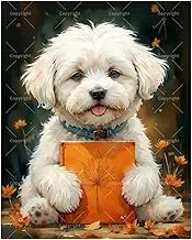 Dog Paint by Numbers Kit for Adults - DIY Fluffy Puppy with Autumn Leaves and Book Painting on Canvas 16x20 Inches, Acrylic Paint Set for Beginners, Adorable Art for Home Decoration or Gifts