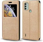 Invisible Magnetic View Window PU Leather Flip Case Compatible with Nokia C31, Smart Clear Display Cover with Full Protection (Gold)