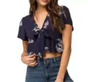 Sky And Sparrow Top Womens L Gauze Floral Embroidered Cropped Tie Front Blue Bow