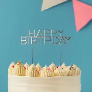 Cake & Candle Caps Happy Birthday Cake Topper Metal Party Decoration Silver