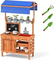 HONEY JOY Kids Kitchen Playset, Wooden Mud Kitchen w/Height Adjustable Canopy, Blackboard, Planting Cups, Stoves, Sink, Oven & Drawer, Outdoor Pretend Play Kitchen with Storage for Kids 3+ Years Old