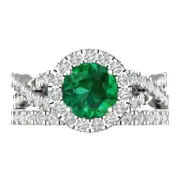 2.40ct Round Cut Halo Emerald Stone Ring Band bridal Set 14k White solid Gold