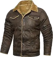 [Zylphorix] Men's Winter Black Faux Leather Jacket - Sherpa Lined Collar and Cuffs, Button Front Warm Coat