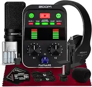 Zoom Podtrak P2 Portable Podcast Recorder – 2 USB Mic Inputs, AI Noise Reduction, 4-Track Recording, Tone & Comp Effects, Dual Headphone Outputs with Podcast Mic Pack, Rechargeable Batteries & More