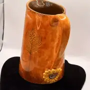 Grasslands Road Small Brown Ceramic Pitcher w/ Peacock Feathers & Sunflower Boho