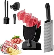 Manual Meat Slicer for Home, Stainless Steel Meat Slicer Cutter Set with Sharpener, 2 x Clean Brushes, Hook, Thickness Adjustable 2-4 mm, Dishwasher Safe,Fresh Meat Food Cutter for Beef Pork Mutton