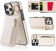 VENINGO iPhone 16 Pro Max Case with Card Holder, iPhone 16 Pro Max Wallet Case, Multifunctional Protective Leather PU Case with 360° Ring Stand Kickstand, Large Capacity Card Slot Phone Cover, White
