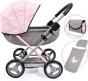 Bayer Design 12733AA Pram Cosy, Baby Doll Stroller, Pushchair for Toddlers, Foldable, incl. Bag and Blanket, Modern, Jeans-grau, Rosa Mit Schmetterling