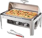 VEVOR Roll Top Chafing Dish Buffet Complete Set, 7.5L Stainless Steel Chafer with Full Size Pan, Rectangle Catering Warmer Server with Lid Water Pan Stand Fuel Holder Meal Clip, for at Least 8 People