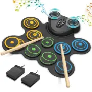 10 Pads Electric Drum Set Sharkwave Dual Speaker for Kids Roll Up Electronic ...
