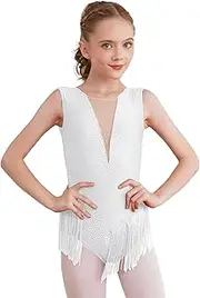 [Aislor] Kids Girls Shiny Rhinestone Sleeveless Tassel Rhythmic Gymnastics Leotard Skating Jumpsuit Competition Costume