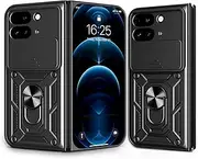 [carinacoco] Case for Google Pixel 9 Pro Fold 5G, with Rotating Finger Ring Stand, Soft TPU+Hard PC Military Grade Anti-Scratch Armour Shell Shockproof Bumper Cover, Black