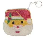 Girls Santa Clause White & Red Beaded Coin Purse Key Chain Wallet