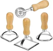 Emapoy 4 Pack Ravioli Stamp Maker Cutter, with Roller Wheel, Wooden Handle and Fluted Edge, for Ravioli, Pasta, Dumplings Lasagna, Pierogi