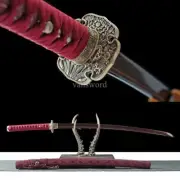 Japanese Katana Folded Steel Samurai Sword With Red Blade Scabbard Brass Tsuba.
