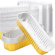 Mini Cake Pans, CuiCanfla 50 Pack Mini Golden Loaf Pans with Lids, Rectangular Aluminum Foil Baking Pans, Cupcake Containers Wrappers Cheesecake Creme Brulee Ramekins, for Home Picnic Party