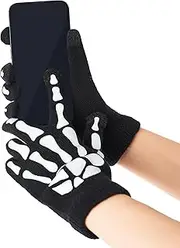 [Spooktacular Creations] Skeleton Gloves with Touchscreen, Glow in the Dark Short Skeleton Gloves for Adults, Kids, Halloween Costume Accessory, Cosplay Party, Black, standard
