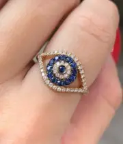 Women's 1.5 Ct Round Simulated Blue Sapphire Halo Evil Eye Ring 925 Silver