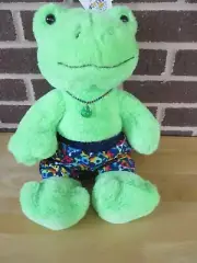 Build A Bear Green Spring Frog 16" Plush -Skull Swim Trunks-Frog Bell Necklace