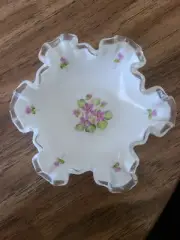 Fenton Silvercrest Violets in the Snow Low Comport Vintage Designer Glass