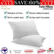 Royal Comfort Goose Down Feather Pillows 1000GSM Cotton Cover Twin Pack White AU