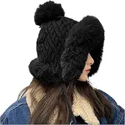[Generic] Raccoon Hats Men with Wool Thickening Hairball Solid Color Wool Knit Ear Hat Hat Girls
