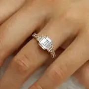 3Ct Emerald Cut CZ Three-Stone Engagement Ring 14K Gold Yellow