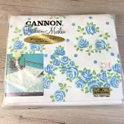 Vintage Cannon Fashion Muslin Cotton Full Blue Rose Dream Flat Sheet Bed NOS