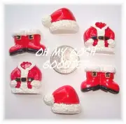 6PC CHRISTMAS SANTA BOOTS HAT SUIT CLAUSE FLATBACK RESINS 4 HAIRBOW BOW CENTER