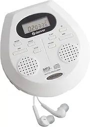Denver DMP-395. Portable CD Player with Speakers/CD Walkman Discman/CDs, MP3 & Audio Book / 40 Second Antishock/Resume Play/Mini CD Player Portable with Bass Boost/for Car, Kids or Elderly. White