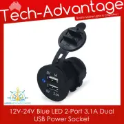 12V-24V FLUSH MOUNT BLACK DUAL 2-PORT 3.1A BLUE LED USB CHARGER POWER SOCKET