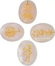 Rose Quartz Crystal Reiki Stones with Engraved Symbols for Usui Reiki Healing, Set of 4 Pcs (Indian Handmade Reiki Gift Set)