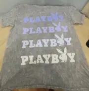 PLAYBOY Grey Stonewash T Shirt With Spelled out Logo Name in Grey Purple White.L