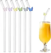 Reusable Glass Straws 6-Pack, Multicolour Butterfly Decorated Drinking Straw, Eco Friendly Bent Straws Drinking for Smoothies, Milkshake, Cocktail (20cm, Clear)