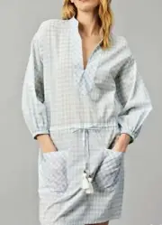 TORY BURCH TUNIC DRESS SWIM BLUE GINGHAM DRAWSTRING WAIST TASSELS SZ US M NWT