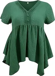 [VIBOHCILLE] Plus Size Tunic Tops for Women V Neck Short Sleeve Blouses Asymmetric Hem Casual Babydoll Top